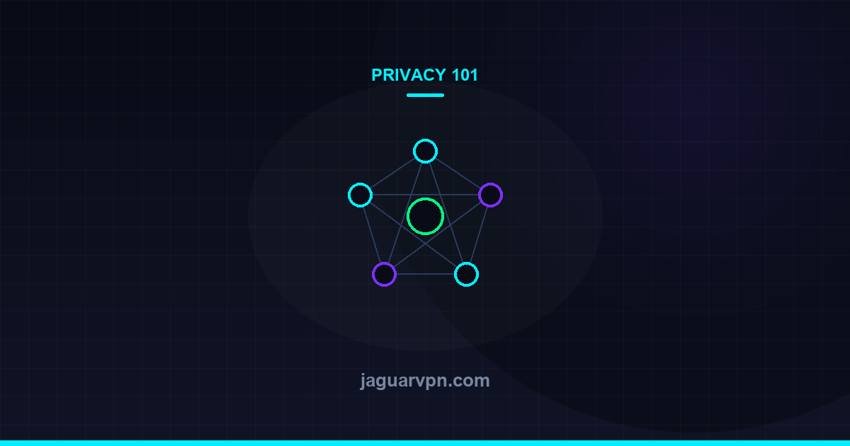 Illustration of a network of connected nodes radiating from a central hub, representing an internet connection — accompanying JaguarVPN's guide to can the wi-fi owner see what you browse