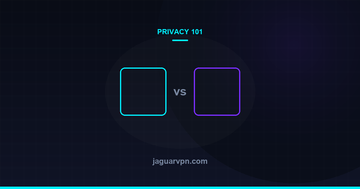 Illustration of two side-by-side panels separated by the word “vs”, representing a comparison — accompanying JaguarVPN's guide to vpn vs proxy vs tor: which one do you actually need