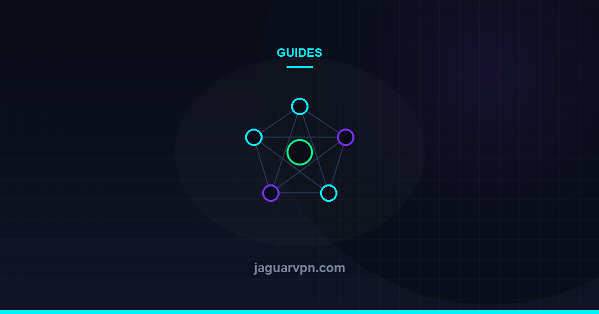 Illustration of a network of connected nodes radiating from a central hub, representing an internet connection — accompanying JaguarVPN's guide to does a vpn slow down your internet? what to really expect