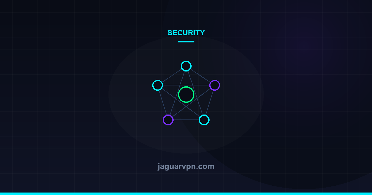 Illustration of a network of connected nodes radiating from a central hub, representing an internet connection — accompanying JaguarVPN's guide to staying safe on public wi-fi